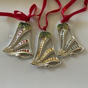 Gorham Silver Bells Red Blue Yellow Christmas Ornaments -All three